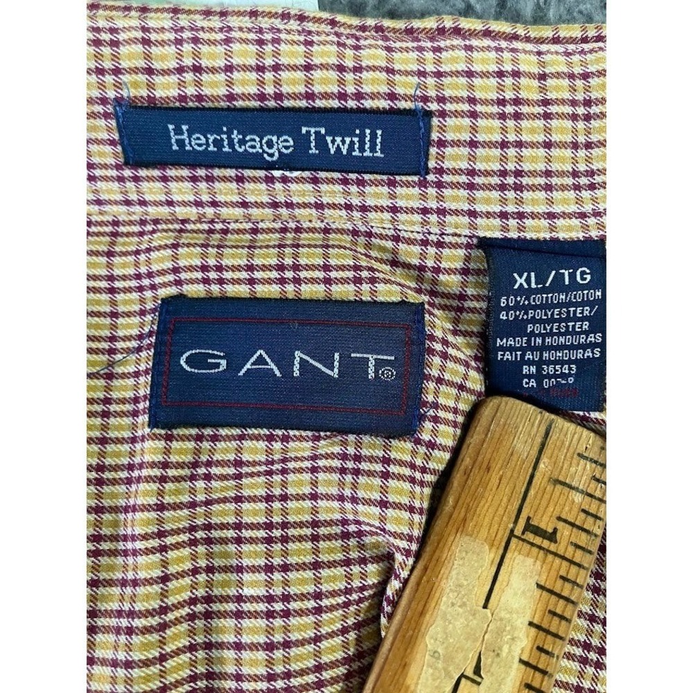 Gant Heritage Twill Mens XL Button Down Shirt Plaid Burgundy Gold Long Sleeve - Picture 2 of 7